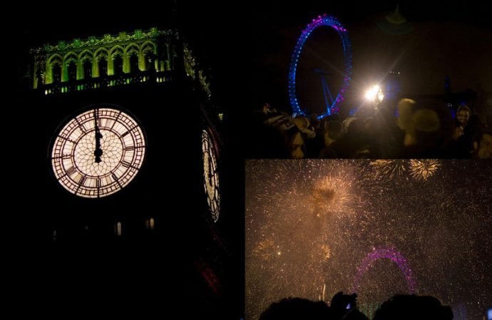 Big Ben anunciando o novo ano e os fogos de artifício