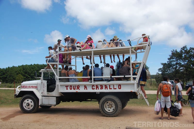 Turistas levam bagagem no transporte