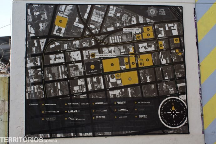 No mapa de Maboneng, 12 Decades é no número 2 e Curiocity o 11 No mapa de Maboneng, 12 Decades é no número 2 e Curiocity o 11