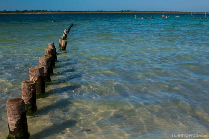 Limite da praia e redes afundadas na lagoa