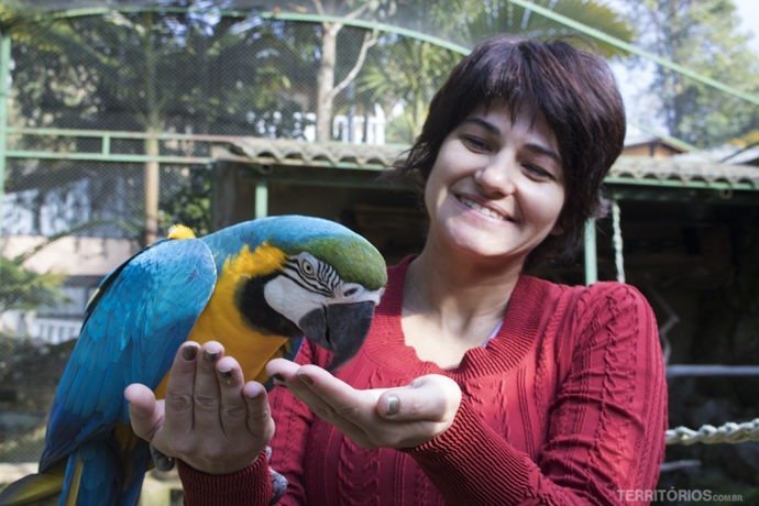 Alimentando araras dentro do viveiro autorizado pelo IBAMA